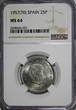 25 Pesetas Spain Caudillo and Regent 1957 (70)  NGC MS64 KM# 787 (001)