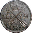SWEDEN Frederick I 1749 2 Ore,S.M Low Mintage:313,000 Avesta Mint KM# 437 (2515) Uncertified