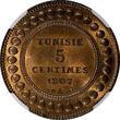 5 Centimes Tunisia Bronze AH1325//1907 A  NGC MS64 RB NICE TONED KM# 235 (050)