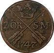 Sweden Fredrik I Copper 1747 2 Ore, S.M.Silvermynt Mintage-461,000 KM# 437 (315) Uncertified