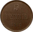 5 Pennia Finland Russian Nicholas II Copper 1911  Choice XF Condition KM# 15(09) Uncertified