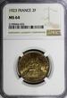 2 Francs France Aluminum-Bronze 1923  NGC MS64 French Chamber KM# 877 (033)