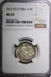1/5 Sol PERU Silver 1912 FG R  NGC MS63 Mintage-300,000 Nice Toned KM# 205.2 (4)