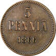 5 Pennia Finland Russia Alexander II Copper 1866  XF KM#4.1 (21 079) Uncertified