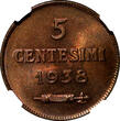 5 Centesimi San Marino Bronze 1938 R  NGC MS65 RB Mintage-200,000 KM# 12 (19)