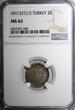 2 Kurush Turkey Mehmed V Silver AH1327//2 (1910)  NGC MS62 Toned KM# 749 (048)