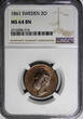 2 Öre Sweden Carl XV Bronze 1861  NGC MS64 BN NICE TONED TOP GRADED KM#706 (215)