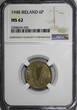 6 Pence Ireland Republic 1948  NGC MS62 Toned Irish Harp / Wolfhound KM# 13a (3)