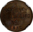 1/6 Skilling SWEDEN Carl XIV Johan Copper 1832  PLAIN BORDER NGC MS64 BN KM634(4)