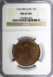 10 Pennia Finland Nicholas II Copper 1914  NGC MS62 BN Mintage-605,0 KM#14 (094)