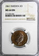 2 Öre Sweden Carl XV Bronze 1861  NGC MS64 BN NICE TONED TOP GRADED BY NGC KM#706