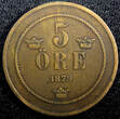 5 Öre Sweden Oscar II Bronze 1879  Small Letters RARE DATE KM# 736 (23 175) Uncertified