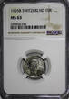 10 Rappen Switzerland Copper-Nickel 1955-B  NGC MS63 BU COIN KM# 27 (054)