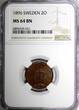 2 Öre SWEDEN Oscar II Bronze 1896  Large letters NGC MS64 BN KM# 746 (021)