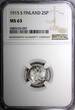 25 Pennia FINLAND Nicholas II Silver 1915 S  NGC MS63 GEM BU KM #6.2 (007)