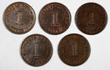 1 Pfennig Germany Empire Wilhelm II Copper LOT OF 5 COINS 1905-1912  UNC KM#10(6) unz