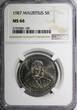 5 Rupees Mauritius 1987  NGC MS66 TOP GRADED Seewoosagur Ramgoolam KM# 56 (100)