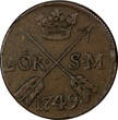 Sweden Fredrik I Copper 1749 2 Ore, S.M.Silvermynt Mintage-313,000 KM#437 (319) Uncertified