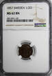 Bronze SWEDEN Oscar I  1857 1/2 Ore NGC MS62 BN BROWN KM# 686 (109)