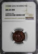 5 Centesimi San Marino 1936-R  NGC MS65 RB Mintage-200,000 KEY DATE KM# 12 (52)