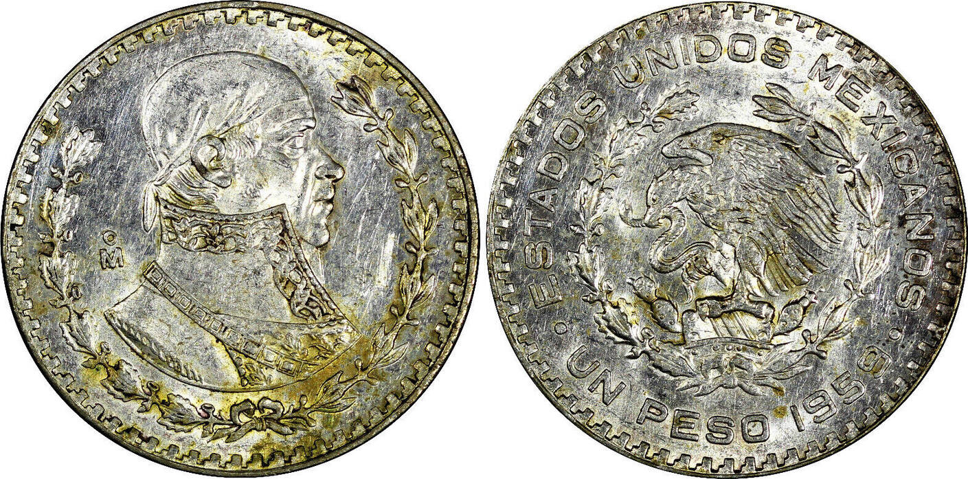 1 Peso Mexico ESTADOS UNIDOS MEXICANOS Silver 1959 Jose Morelos UNC KM