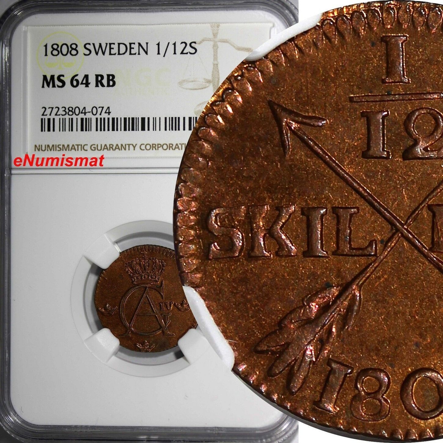 1/12 Skilling SWEDEN Gustaf IV Copper 1808 NGC MS64 RB 1 GRADED HIGHER ...