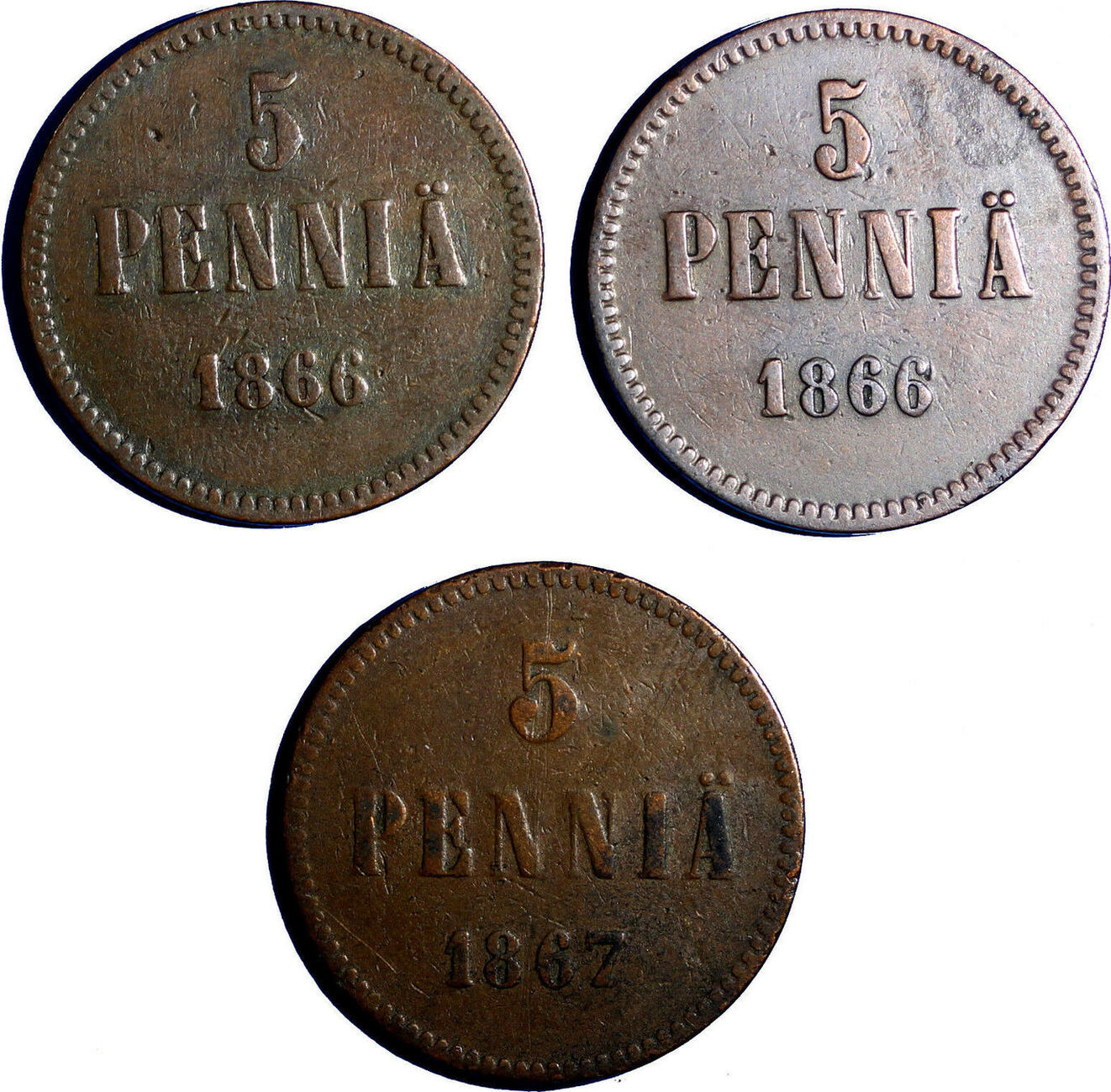 5 Pennia Finland Russia Alexander II LOT of 3 COINS 1866 and 1867 KM# 4 ...