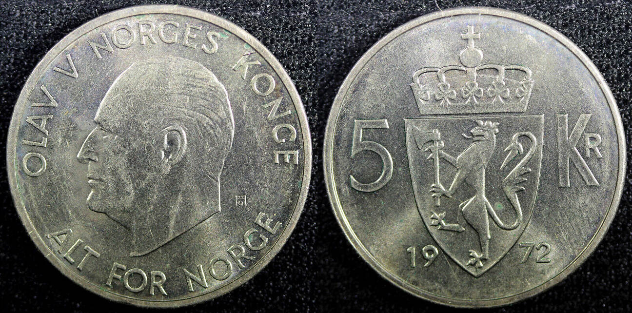 5 Kroner Norway Olav V Copper Nickel 1972 Km 412 22 990 Uncertified