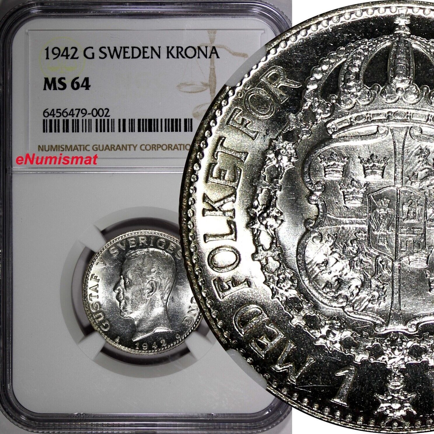 1 Krona SWEDEN Gustaf V Silver 1942 G NGC MS64 KEY DATE RARE KM# 786.2 ...