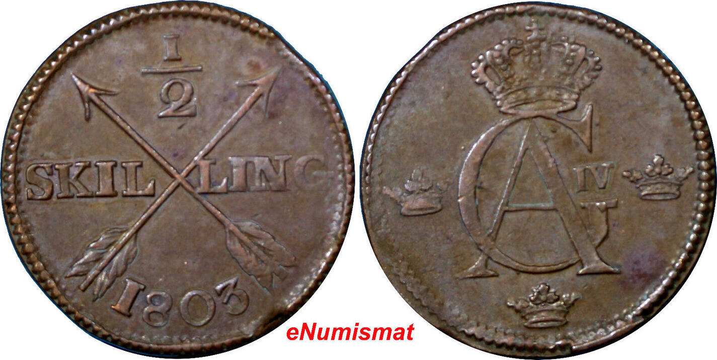 1/2 SKILLING SWEDEN COPPER 1803 CHOICE VF KM#565 (3690) Uncertified ...