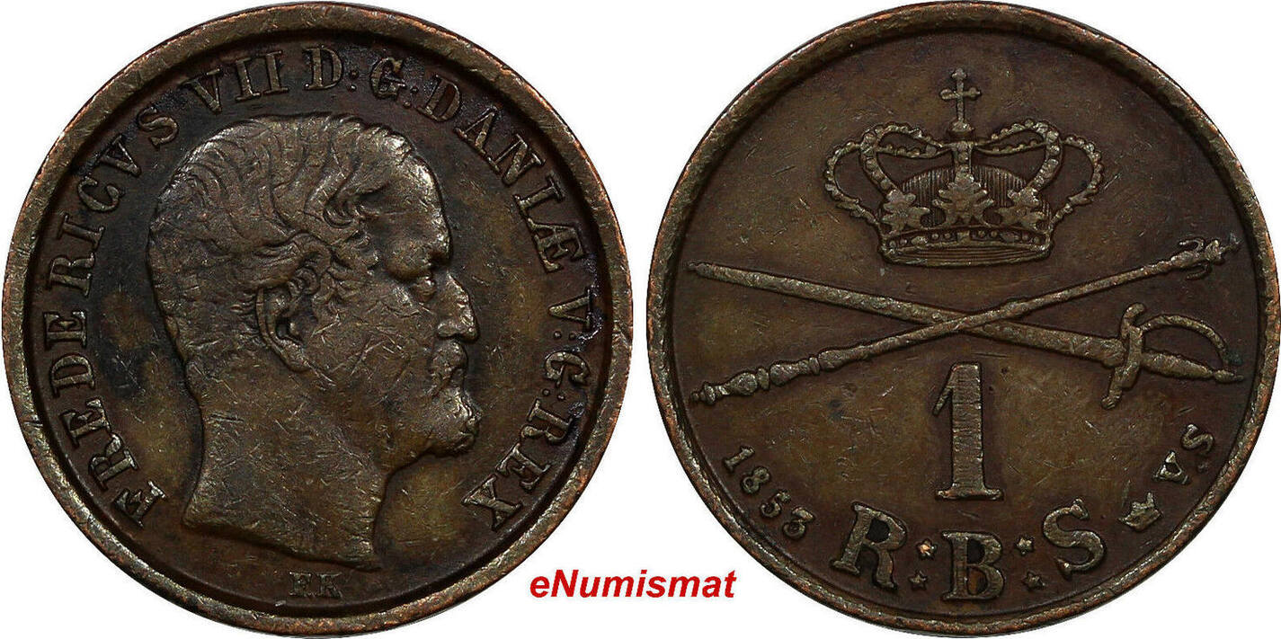 1 Rigsbankskilling Denmark Frederik VII Copper 1853 FK VS 1 YEAR TYPE ...