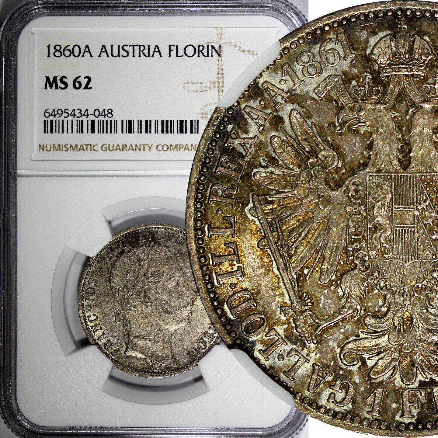 1 Florin AUSTRIA Franz Joseph I Silver 1860 A NGC MS62 NICE TONING KM ...