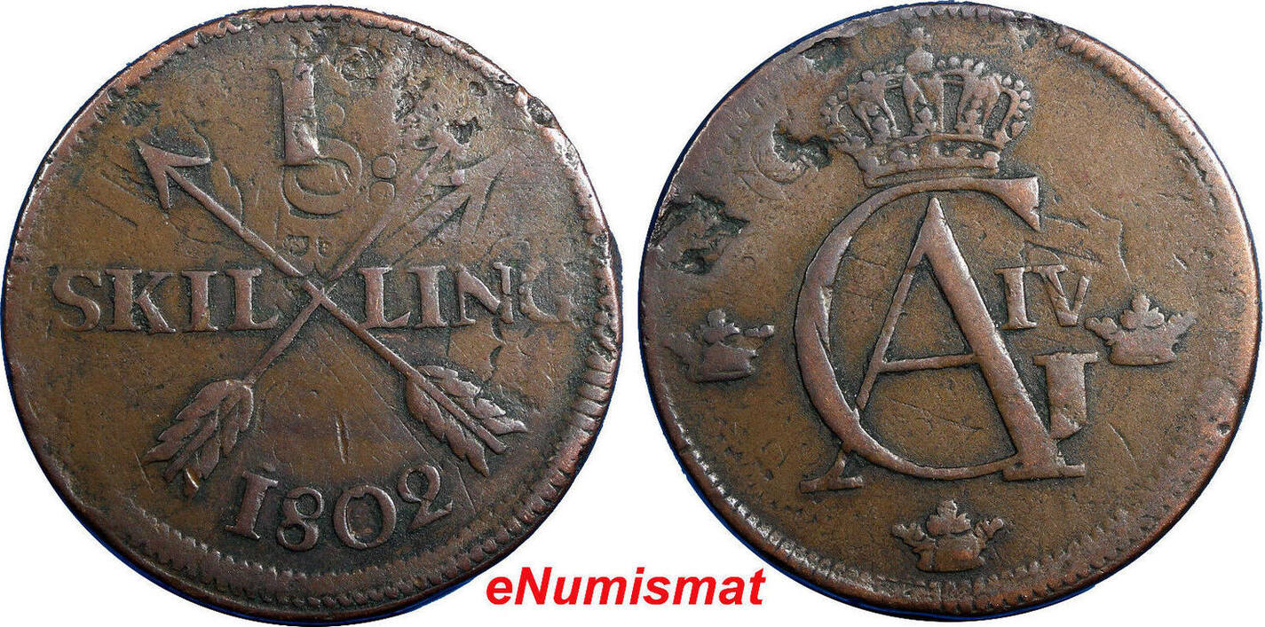 1 Skilling Sweden Copper 1802 Overstruck On 2 Ore S.M.(1743-1768) KM ...