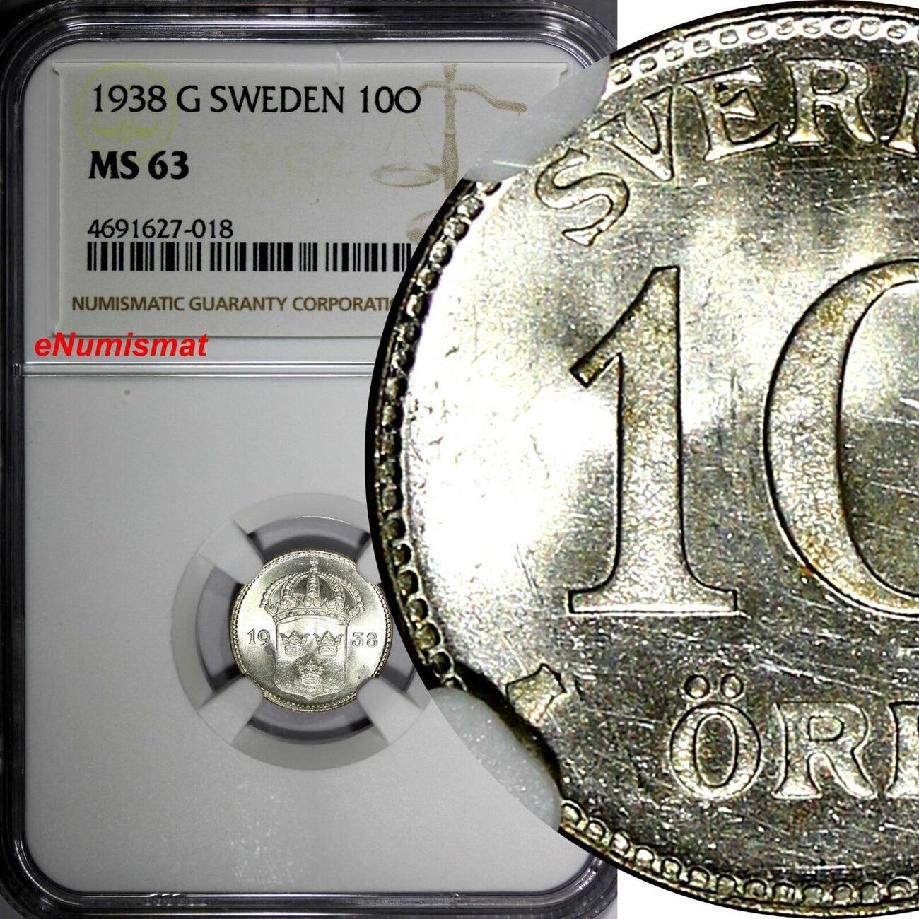 Sweden Gustaf V Silver 1938 G 10 Ore Ngc Ms63 Gem Bu Km 780 018 Ma Shops