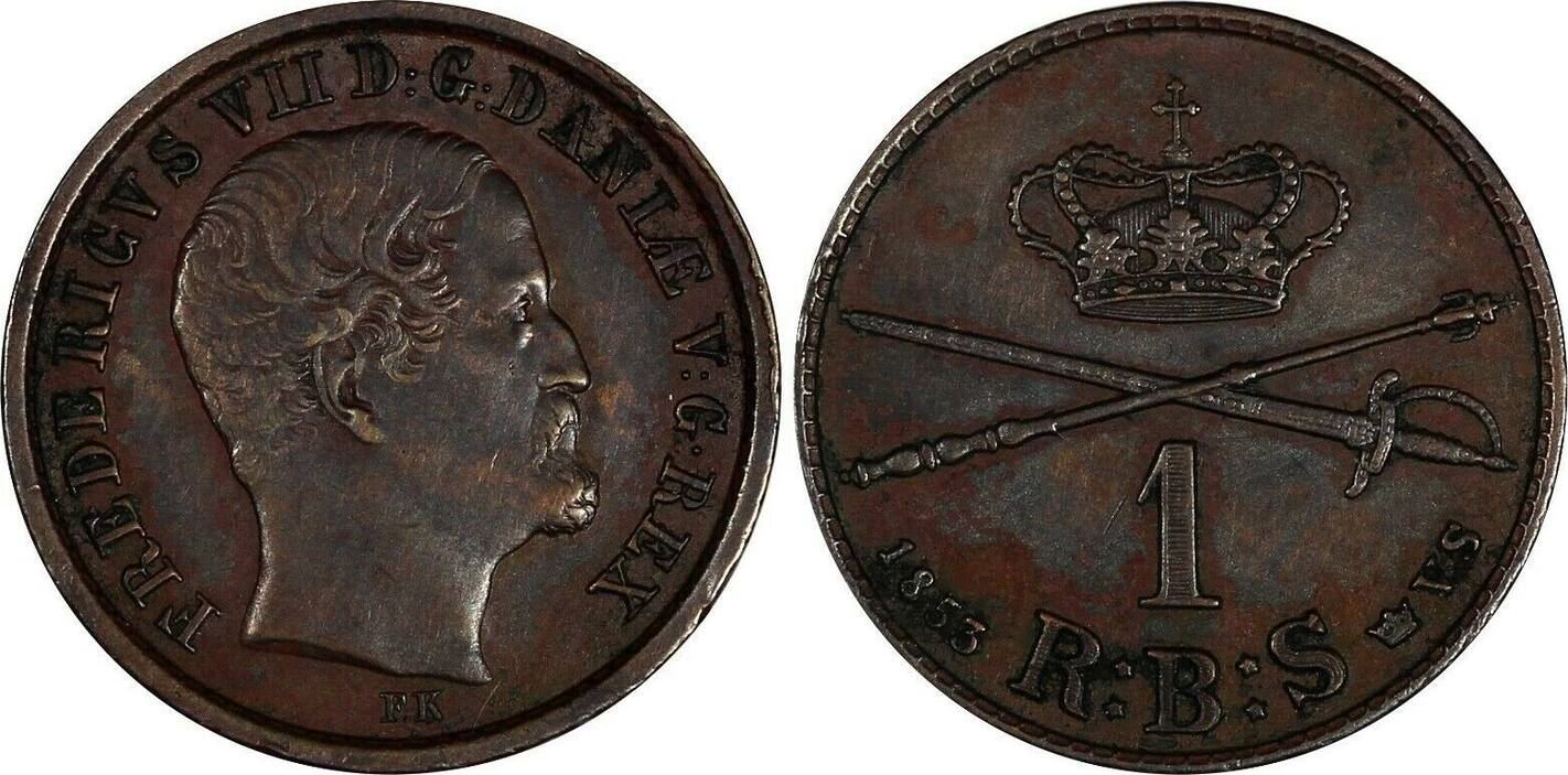 1 Rigsbankskilling Denmark Frederik VII Copper 1853 FK//VS 1 YEAR KM ...