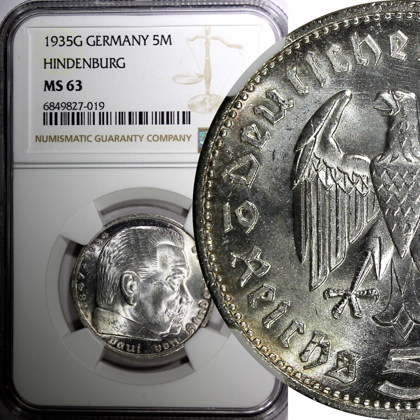 5 Reichsmark Germany-Third Reich Silver 1935 G NGC MS63 Hindenburg KM ...