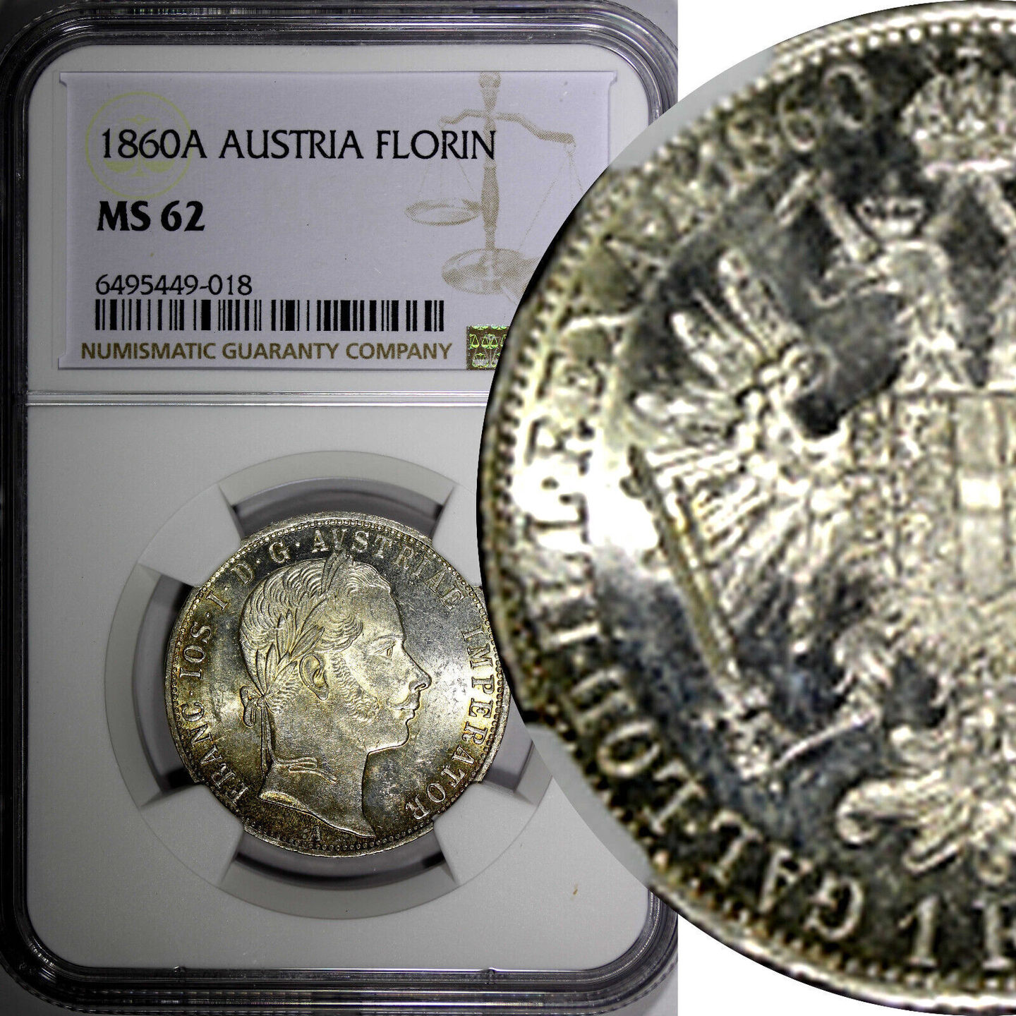 1 Florin AUSTRIA Franz Joseph I Silver 1860 A NGC MS62 NICE TONING KM ...