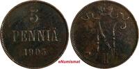Finland Nicholas II Copper 1905 5 Penniä Mintage-620,000 KM# 15 (18 735) Uncertified