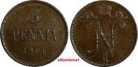 Finland Nicholas II Copper 1901 5 Penniä Mintage-625,000 KM# 15 (18 734) Uncertified