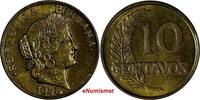 8 10 Centavos Peru Brass 1948/ 3 YEARS TYPE aUNC Toning SCARCE KM# 226.1 (14 787)