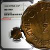 Cyprus 1/2 Piastre 1949 Cyprus BRITISH COLONY 1949  NGC MS64 RB 1 YEAR T... 38,65 EUR  zzgl. 12,88 EUR Versand