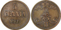 5 Pennia Finland Russia Alexander II Copper 1866  XF KM#4.1 (21 079) Uncertified