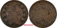 FINLAND Nicholas II Copper 1910 10 Penniä Low Mintage-241,000 RARE KM# 14 (531) Uncertified