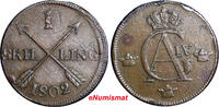 1 SKILLING SWEDEN COPPER 1802  OVERSTRUCK ON 2 ORE S.M. 1743-1768 KM#566 (2420) Uncertified