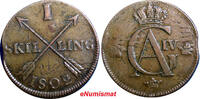 1 SKILLING SWEDEN 1802  OVERSTRUCK ON 2 ORE S.M. 1764 FULL DATE KM#566 (2355A) Uncertified