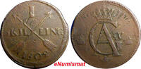 1 SKILLING SWEDEN COPPER 1802  OVERSTRUCK ON 2 ORE S.M. 1763 FULL DATE (374) Uncertified