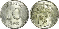 10 Öre SWEDEN Gustaf V Silver 1918 W  Light Toned UNC KM# 780 (22 137) unz