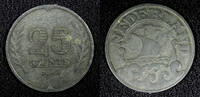 Netherlands 25 Cents Netherlands Wilhelmina I Zinc 1943 WWII Issue BETTER DATE KM# 174 (477) -