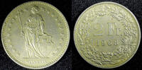 Switzerland 2 Francs 1968 SWITZERLAND Copper-Nickel 1968  1st Year Type ... 6,83 EUR  zzgl. 12,88 EUR Versand