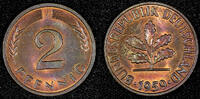 Germany 2 Pfennig Germany Federal Republic 1959 J RAINBOW TONING BU COIN KM# 106 (790) -